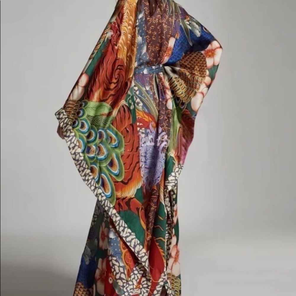 Jewel Peacock Feather Bohemian Gypsy Kimono With Sash Tie, Feather Print - Picture 2 of 8